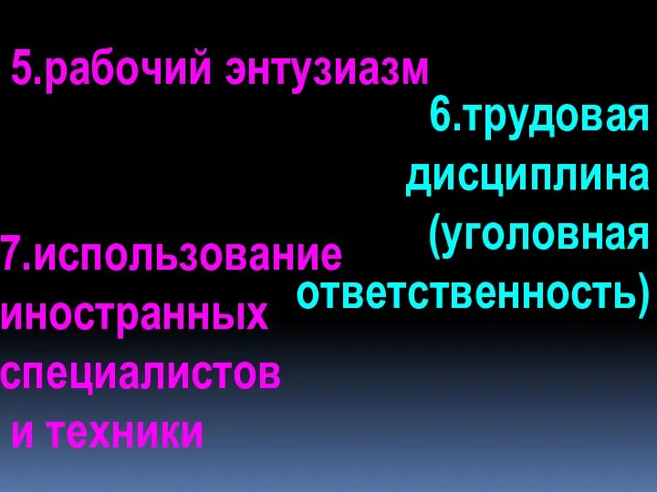 5.рабочий энтузиазм 6.трудовая дисциплина (уголовная ответственность) 7.использование иностранных специалистов и техники