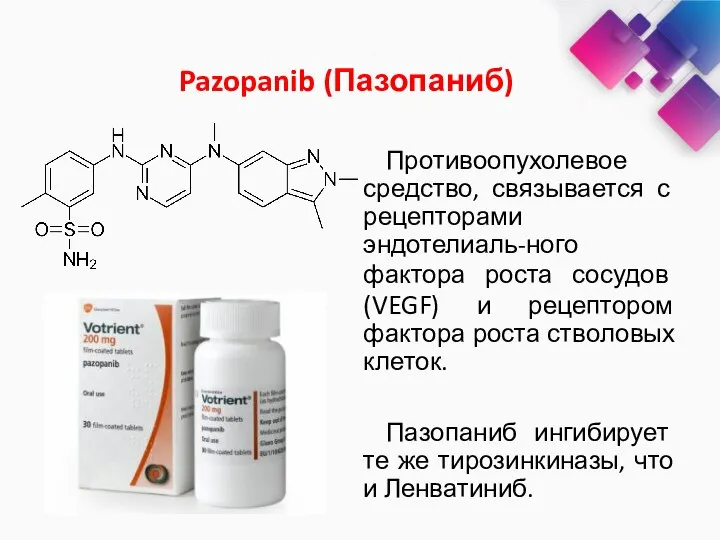 Pazopanib (Пазопаниб) Противоопухолевое средство, связывается с рецепторами эндотелиаль-ного фактора роста сосудов (VEGF)
