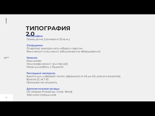 ТИПОГРАФИЯ 2.0 Типография: Помещение (примерно 20 кв.м.) Сотрудники: Оператор электронного набора и