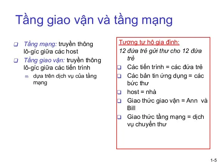 1- Tầng giao vận và tầng mạng Tầng mạng: truyền thông lô-gíc