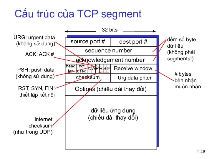 1- Cấu trúc của TCP segment URG: urgent data (không sử dụng)