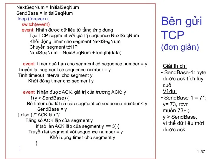 1- Bên gửi TCP (đơn giản) NextSeqNum = InitialSeqNum SendBase = InitialSeqNum