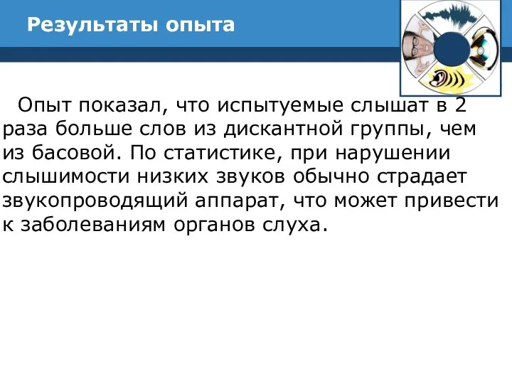 Результаты опыта Опыт показал, что испытуемые слышат в 2 раза больше слов