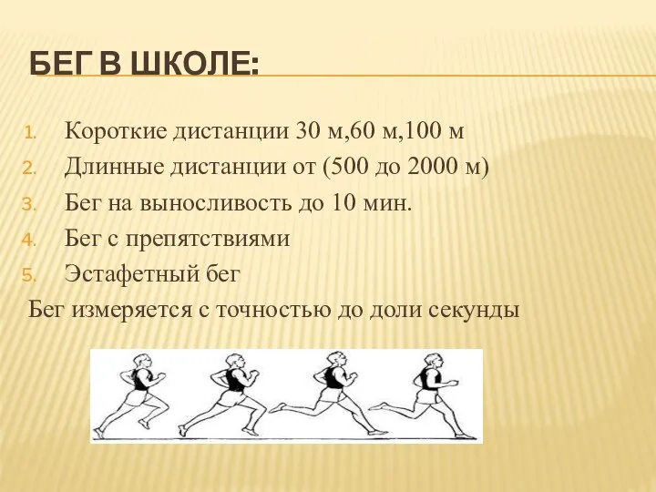 БЕГ В ШКОЛЕ: Короткие дистанции 30 м,60 м,100 м Длинные дистанции от