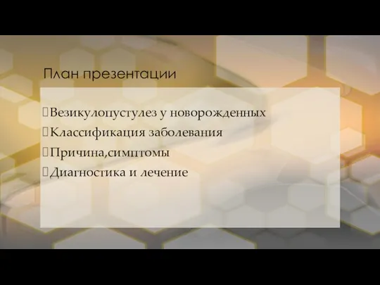 План презентации Везикулопустулез у новорожденных Классификация заболевания Причина,симптомы Диагностика и лечение