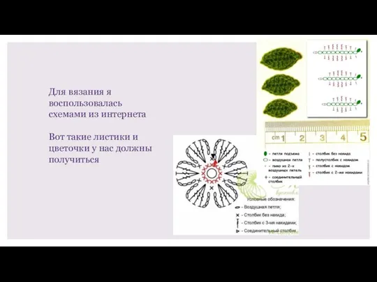 Для вязания я воспользовалась схемами из интернета Вот такие листики и цветочки у нас должны получиться