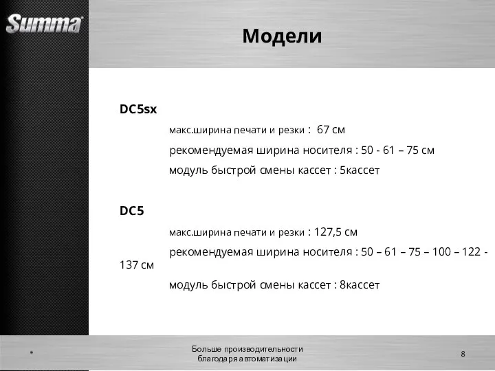 Модели * Больше производительности благодаря автоматизации DC5sx макс.ширина печати и резки :