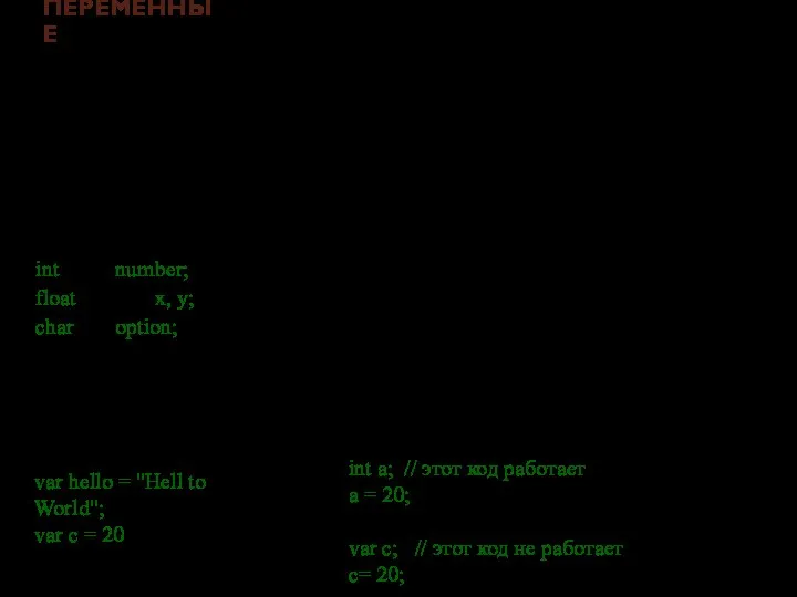 ПЕРЕМЕННЫЕ Переменная — это именованная область памяти, в которой хранятся данные определенного