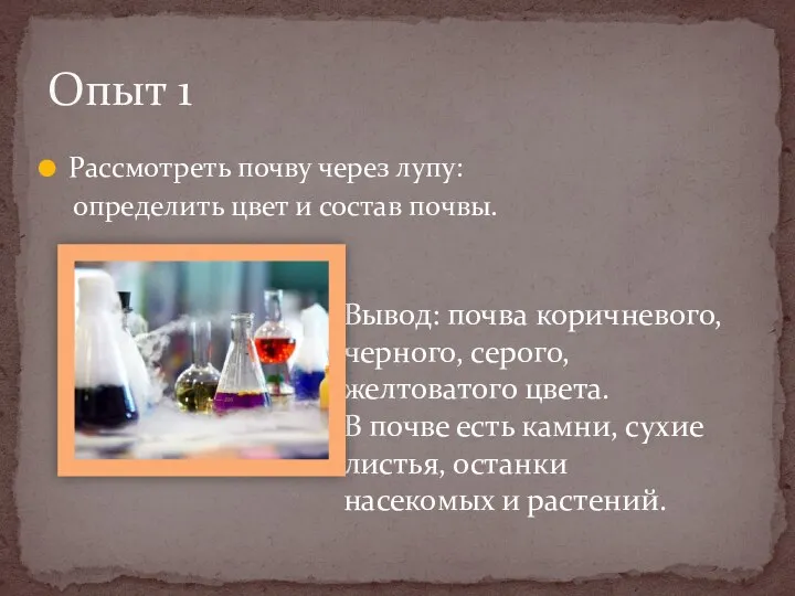 Рассмотреть почву через лупу: определить цвет и состав почвы. Ход работы Опыт