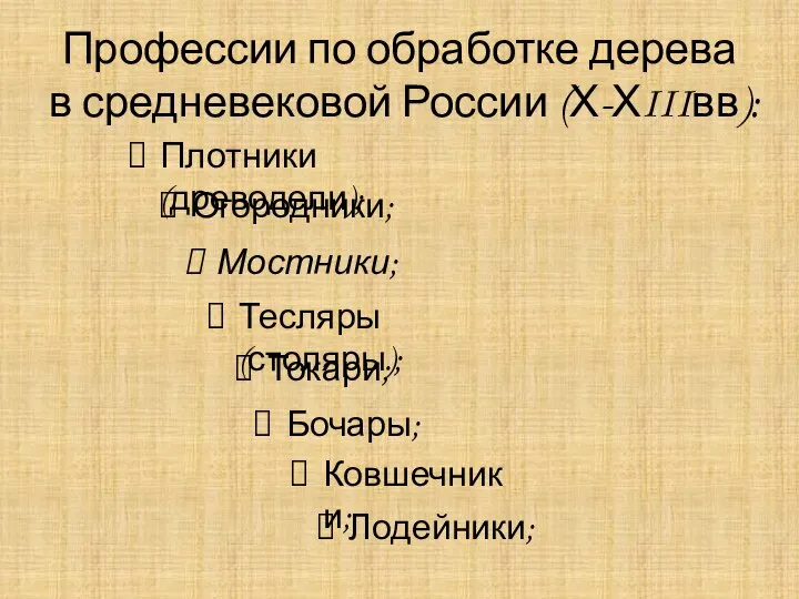 Профессии по обработке дерева в средневековой России (Х-ХIIIвв): Огородники; Плотники (древодели); Мостники;