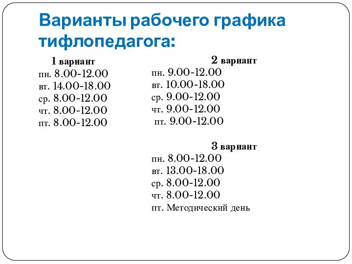 Варианты рабочего графика тифлопедагога: 1 вариант пн. 8.00-12.00 вт. 14.00-18.00 ср. 8.00-12.00