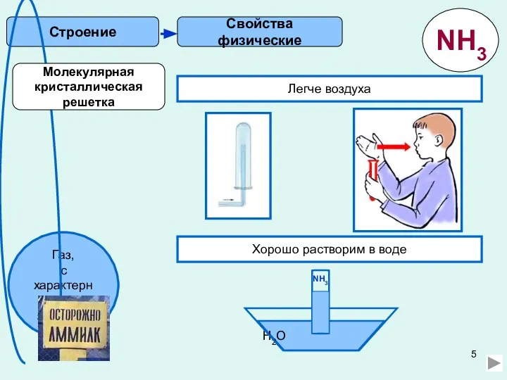 Свойства физические Строение Легче воздуха Хорошо растворим в воде H2O NH3 Молекулярная кристаллическая решетка