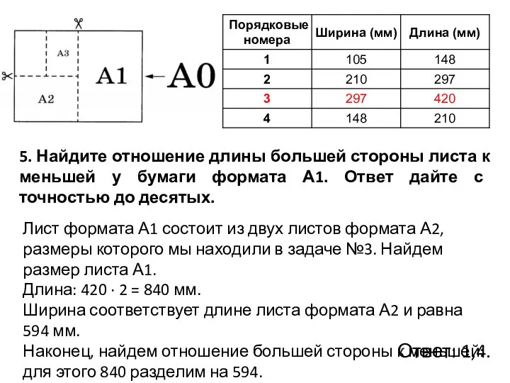 5. Найдите отношение длины большей стороны листа к меньшей у бумаги формата