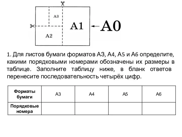 1. Для листов бумаги форматов АЗ, А4, А5 и А6 определите, какими