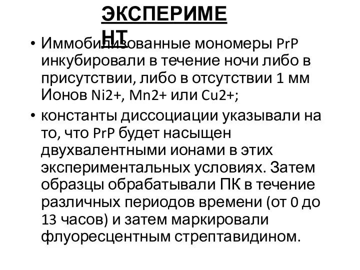 Иммобилизованные мономеры PrP инкубировали в течение ночи либо в присутствии, либо в