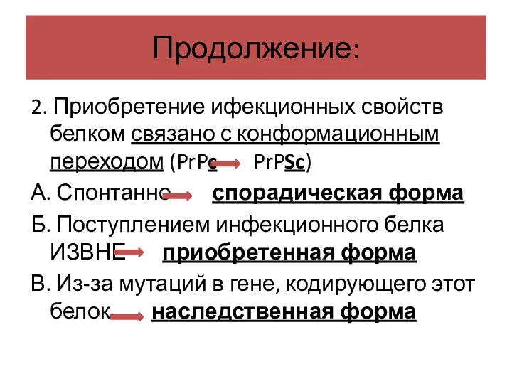 Продолжение: 2. Приобретение ифекционных свойств белком связано с конформационным переходом (PrPc PrPSc)