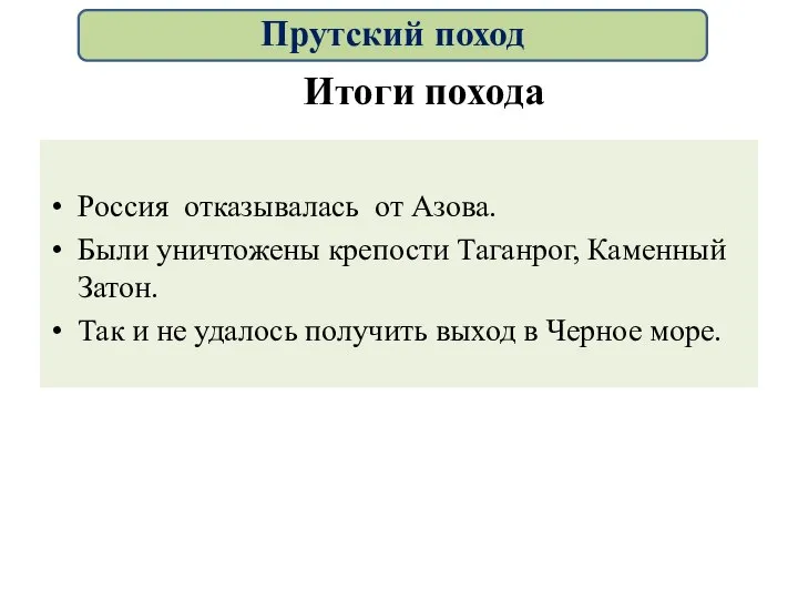 Итоги похода Россия отказывалась от Азова. Были уничтожены крепости Таганрог, Каменный Затон.