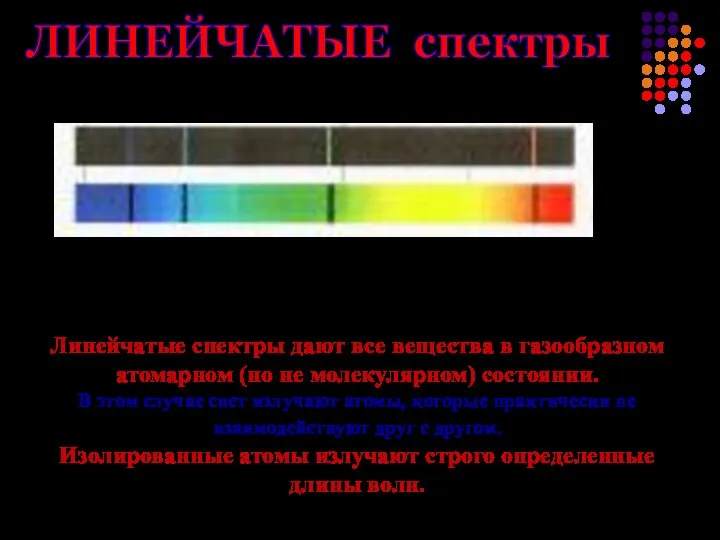 ЛИНЕЙЧАТЫЕ спектры Линейчатые спектры дают все вещества в газообразном атомарном (но не