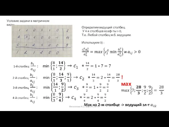 Филиппова А.С., каф. ИТ, БГПУ Условие задачи в матричном виде: Определим ведущий