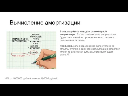 Вычисление амортизации Воспользуйтесь методом равномерной амортизации. В этом случае сумма амортизации будет