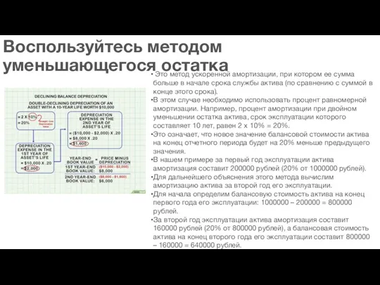 Воспользуйтесь методом уменьшающегося остатка Это метод ускоренной амортизации, при котором ее сумма