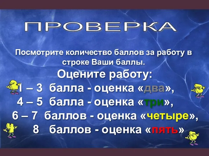 Посмотрите количество баллов за работу в строке Ваши баллы. Оцените работу: 1