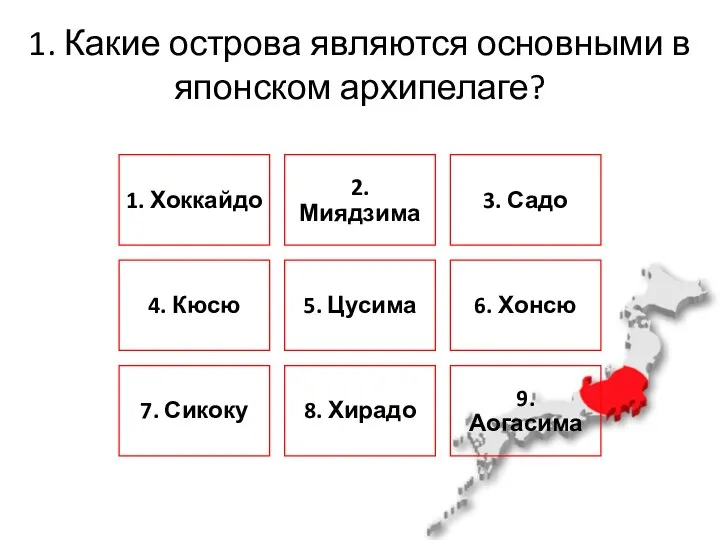 1. Какие острова являются основными в японском архипелаге?