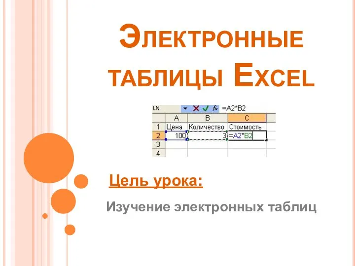 Электронные таблицы Excel Цель урока: Изучение электронных таблиц