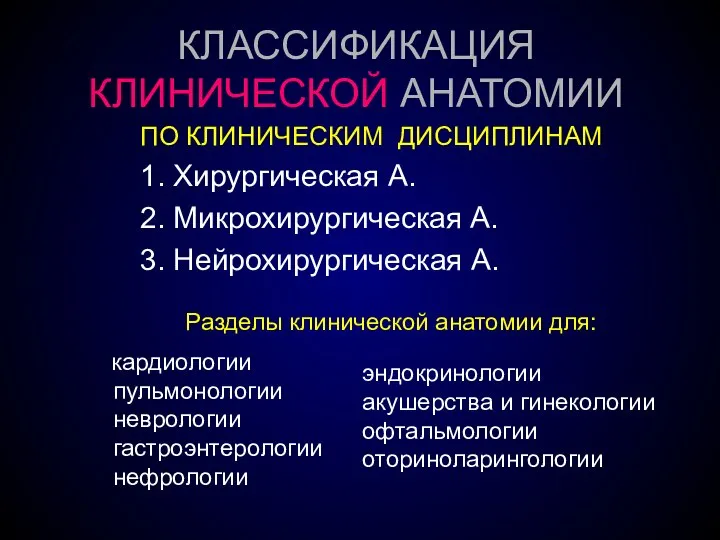 КЛАССИФИКАЦИЯ КЛИНИЧЕСКОЙ АНАТОМИИ ПО КЛИНИЧЕСКИМ ДИСЦИПЛИНАМ 1. Хирургическая А. 2. Микрохирургическая А.