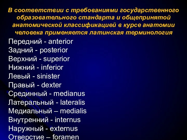 В соответствии с требованиями государственного образовательного стандарта и общепринятой анатомической классификацией в