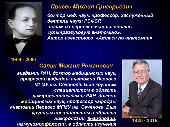 Сапин Михаил Романович академик РАН, доктор медицинских наук, профессор кафедры анатомии Первого