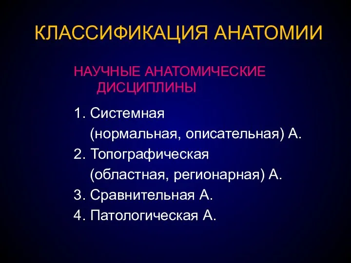 КЛАССИФИКАЦИЯ АНАТОМИИ НАУЧНЫЕ АНАТОМИЧЕСКИЕ ДИСЦИПЛИНЫ 1. Системная (нормальная, описательная) А. 2. Топографическая