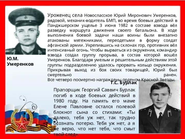 Ю.М. Умеренков Г.С. Бурлак Прапорщик Георгий Саввич Бурлак погиб в ходе боевых