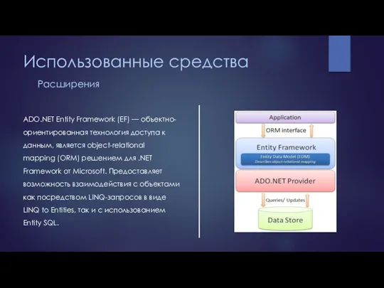 Использованные средства Расширения ADO.NET Entity Framework (EF) — объектно-ориентированная технология доступа к