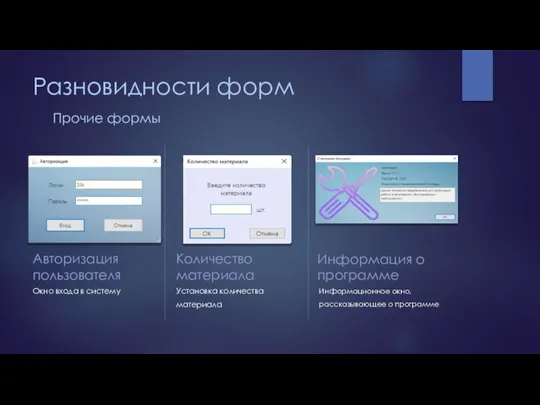 Разновидности форм Прочие формы Авторизация пользователя Окно входа в систему Количество материала