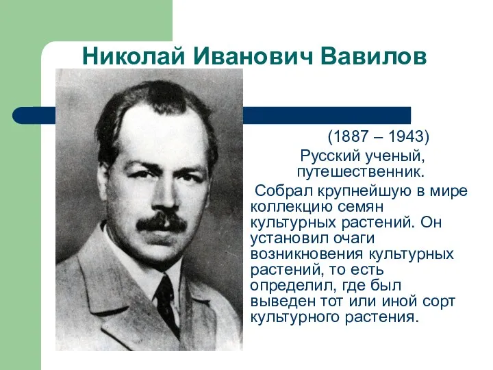 Николай Иванович Вавилов (1887 – 1943) Русский ученый, путешественник. Собрал крупнейшую в