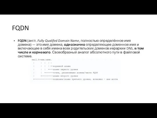 FQDN FQDN (англ. Fully Qualifed Domain Name, полностью определённое имя домена) —