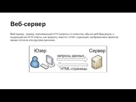 Веб-сервер Веб-сервер - сервер, принимающий HTTP-запросы от клиентов, обычно веб-браузеров, и выдающий