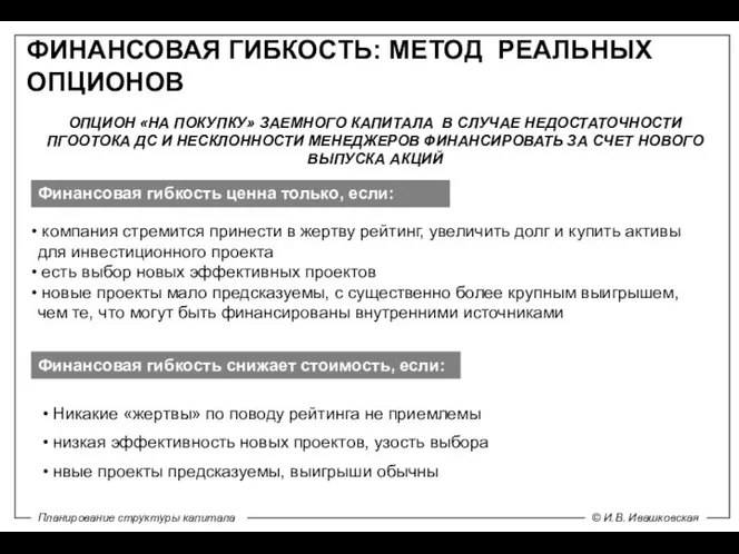 ФИНАНСОВАЯ ГИБКОСТЬ: МЕТОД РЕАЛЬНЫХ ОПЦИОНОВ Финансовая гибкость ценна только, если: компания стремится