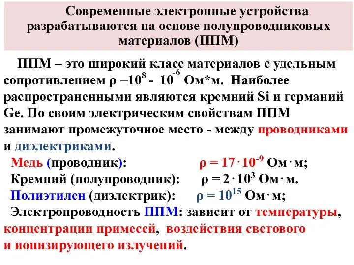 Современные электронные устройства разрабатываются на основе полупроводниковых материалов (ППМ)