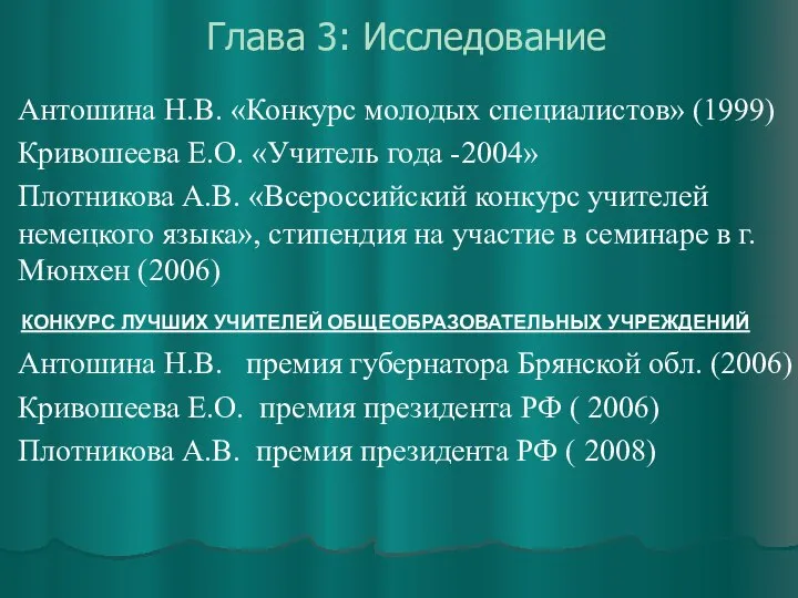 Глава 3: Исследование Антошина Н.В. «Конкурс молодых специалистов» (1999) Кривошеева Е.О. «Учитель