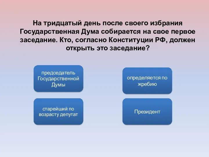 председатель Государственной Думы старейший по возрасту депутат Президент определяется по жребию На