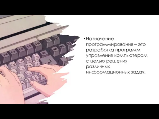 Назначение программирования – это разработка программ управления компьютером с целью решения различных информационных задач.