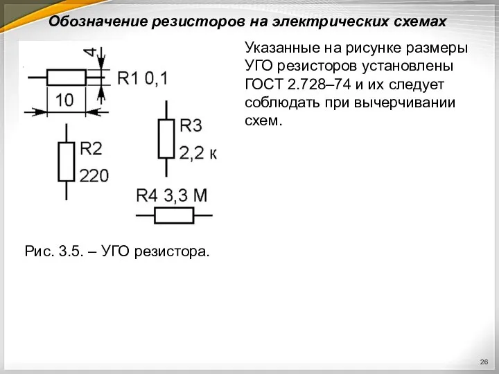 Обозначение резисторов на электрических схемах Рис. 3.5. – УГО резистора. Указанные на