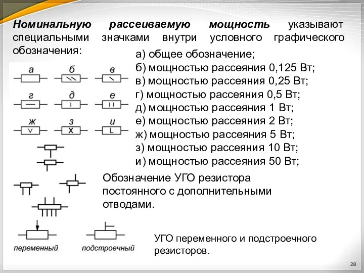 Номинальную рассеиваемую мощность указывают специальными значками внутри условного графического обозначения: а) общее