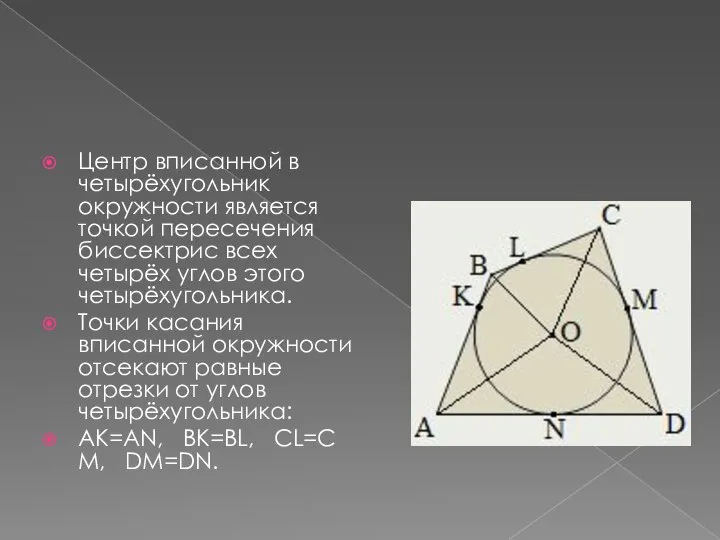 Центр вписанной в четырёхугольник окружности является точкой пересечения биссектрис всех четырёх углов