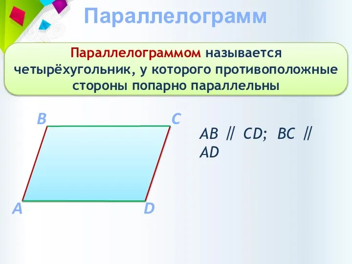 Параллелограмм Параллелограммом называется четырёхугольник, у которого противоположные стороны попарно параллельны A C