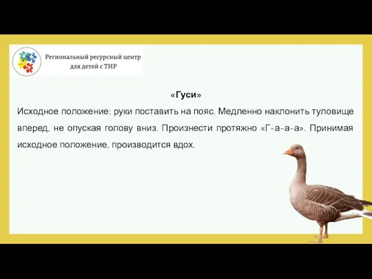 «Гуси» Исходное положение: руки поставить на пояс. Медленно наклонить туловище вперед, не