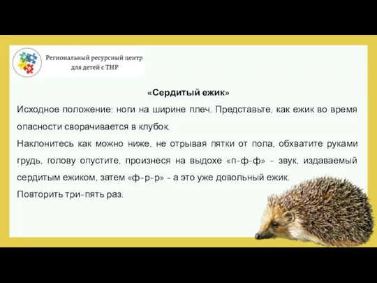 «Сердитый ежик» Исходное положение: ноги на ширине плеч. Представьте, как ежик во