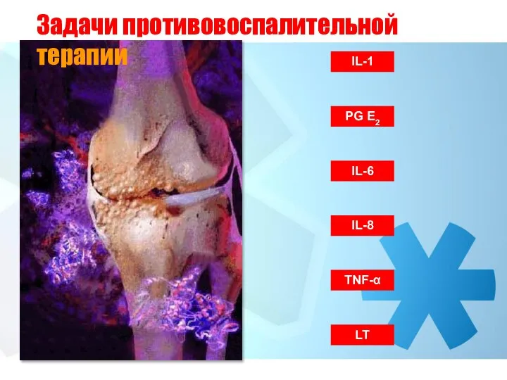 IL-1 PG E2 IL-6 IL-8 TNF-α Задачи противовоспалительной терапии LT